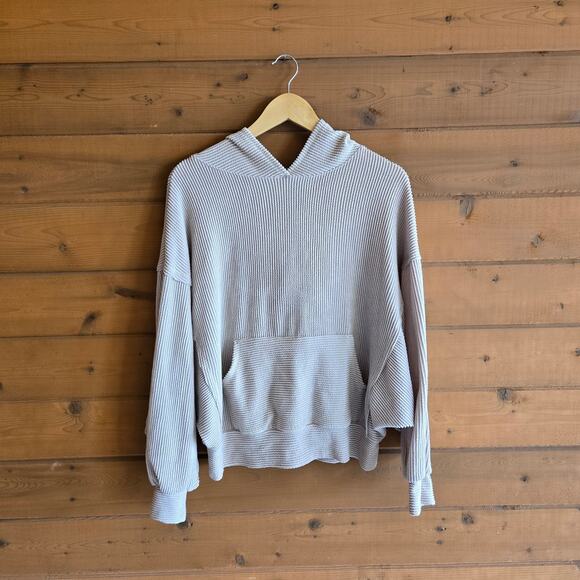 Pink Lily Stylish Splendor Slouchy Hoodie Ribbed Beige Small Pullover Vneck - Picture 2 of 5